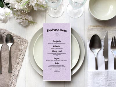 Svadobný jedálny lístok s fialovou potlačou minimal